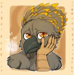 2026 anthro avian beak bird blush bust_portrait claws conhugo feather_hair feathered_crest feathers fingers glistening glistening_eyes grey_body hand_on_face hand_on_head happy head_crest head_on_hand headshot_portrait heart_symbol hi_res icon looking_up male mouth_closed narrowed_eyes orange_eyes portrait pseudo_hair shy simple_background smile smirk solo talon_hands