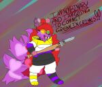 2021 absurd_res ahoge anthro bayonet biped black_clothing black_footwear black_socks bottomwear breasts canid canine clothing demigirl_(lore) english_text fangs felid footwear fox fur glowing glowing_ears glowing_eyes glowing_markings glowing_tail hair heart_(marking) hi_res holding_bat hybrid knife legwear lgbt_pride long_hair mammal markings nonbinary_(lore) nonbinary_pride_colors open_mouth pink_body pink_ears pink_fur pink_tail prehistoric_species pride_color_clothing pride_colors purple_clothing purple_footwear purple_socks purple_tail robyn_(robynsnowyfoxxo) robynsnowyfoxxo saber-toothed_tiger sabertooth_(anatomy) socks solo tail teeth text topwear trans_(lore) trans_woman_(lore) two_tone_tail weapon white_clothing white_footwear white_socks yellow_clothing yellow_footwear yellow_socks