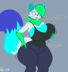 2026 absurd_res after_transformation anthro artist_name big_breasts blue_body blue_fur breast_grab breasts cleavage clothed clothed_anthro clothed_female clothing colored crossgender dialogue digital_drawing_(artwork) digital_media_(artwork) domestic_cat dreamerknight english_text eyebrows felid feline felis female fur green_body green_eyes green_fur hand_on_breast hand_on_hip hi_res hip_grab holding_breast huge_breasts implied_gender_transformation kerchief looking_at_breasts looking_at_self looking_down looking_down_at_self mammal motion_lines multicolored_body multicolored_fur neckerchief neckwear onomatopoeia raised_eyebrow shirt signature simple_background solo sound_effects tail tank_top text thick_thighs tilde_after_text topwear whiskers wide_hips zapzap