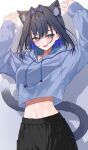 absurd_res animal_ears animal_humanoid arms_bent big_breasts black_bottomwear black_clothing black_hair black_pants blue_clothing blue_eyes blue_jacket blue_topwear blush bottomwear breasts clothing colored_nails fangs felid felid_humanoid feline feline_humanoid female fluffy_ears hair hair_between_eyes half-length_portrait hi_res hololive hololive_en humanoid humanoidized jacket mammal mammal_humanoid midriff mogu_zaemon multi_ear nails narrowed_eyes navel open_mouth ouro_kronii pants portrait short_hair tail teeth tongue tongue_out topwear touching_ears vtuber