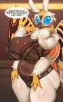 anthro arthropod biped blue_eyes bra breasts clothed clothing dialogue english_text female hi_res insect lepidopteran lingerie mleonheart moth mothra mothra_(series) panties solo speech_bubble text thick_thighs toho underwear white_body yellow_body