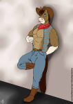 2023 against_surface against_wall anthro belt belt_buckle blue_bottomwear blue_clothing blue_jeans blue_pants boots bottomwear brown_belt brown_body brown_cowboy_hat brown_eyes brown_fur brown_hair buckle bulge clothed clothing colored cowboy cowboy_boots dated denim denim_bottomwear denim_clothing equid equine footwear fur hair hi_res horse jeans male mammal muscular_abs nipples open_clothing open_shirt open_topwear pants pink_nipples shirt shoes smile smiling_at_viewer solo standing tail topwear white_body white_fur white_nose whitecolt_productions