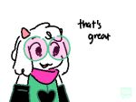 ambiguous_gender anthro arm_warmers armwear black_arm_warmers black_armwear black_clothing black_heart black_text bovid caprine clothing darkner deltarune eyewear floppy_ears fur glasses goat green_clothing green_eyewear green_glasses green_robe head_tuft horn looking_aside mammal open_mouth pink_eyes pink_horn pink_mouth pink_scarf ralsei robe scarf simple_background solo standing text tinted_glasses trans_(lore) tuft undertale_(series) unenthusiastic vertexxx watermark white_background white_body white_ears white_fur