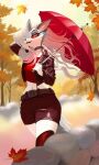 anthro autumn autumn_leaves belt black_lips boots bottomwear canid canine canis clothing collar crop_top day drawx eyeliner falling_leaves female flowing_hair footwear forest forest_background fur grey_body grey_fur hair hand_on_head hand_on_own_head hellaverse helluva_boss hi_res holding_object jacket leather leather_clothing leather_jacket leather_topwear legwear light lips looking_at_viewer loona_(helluva_boss) makeup mammal midriff outside plant red_clothing red_crop_top red_sclera red_shirt red_topwear red_umbrella shirt shoes shorts solo spiked_collar spikes stone_wall sunlight thigh_boots thigh_highs topwear tree umbrella wall_(structure) white_body white_fur white_hair winged_eyeliner wolf