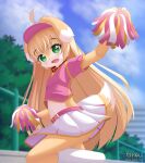 absurd_res ahoge anthro belt big_tail blonde_hair blush bottomwear canid canine canis cheek_tuft cheering cheerleader cheerleader_outfit clothed clothing collar cute_fangs dakeneshi domestic_dog ear_markings exposed_belly facial_tuft fangs female floppy_ears fluffy fluffy_tail fur gold_trim green_eyes hair hat headgear headwear hi_res kemono knee_highs legwear long_ears long_hair mammal markings mottled navel piebald pink_belt pink_cap pink_clothing pink_shirt pink_topwear pom_poms raised_leg shirt skirt smile solo tail tail_markings tail_under_skirt teeth topwear tuft visor_cap white_body white_bottomwear white_clothing white_fur white_knee_highs white_legwear white_skirt yellow_body yellow_fur