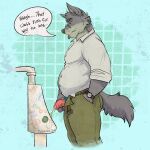 1:1 2026 anthro arm_hair barazoku bathroom beer_belly belly belt biceps big_belly big_muscles big_pecs blue_clothing blue_underwear bodily_fluids body_hair bottomwear brown_belt butt canid canine canis clock clothed clothing dialogue dr._olsen_(orf) english_text eyewear fur genital_fluids genitals glasses grabbing_own_penis graffiti green_body green_bottomwear green_clothing green_fur green_pants grey_body grey_fur grumbling hand_on_own_penis hand_on_penis hi_res holding_own_penis holding_penis jackaloo male male_peeing mammal manly mature_anthro mature_male musclegut muscular muscular_anthro muscular_arms muscular_male muscular_thighs open_belt open_bottomwear open_clothing open_pants pants pecs peeing penis penis_grab penis_poking_out penis_through_fly professor public_restroom red_penis restroom_graffiti shirt solo speech_bubble standing tail teacher teacher_clothing text thick_arms thick_penis thick_thighs tongue tongue_out topwear unbuckled_pants unbuttoned unbuttoned_bottomwear underwear urinal urine urine_stream watch wearing_glasses white_clothing white_shirt white_topwear wolf wristwatch yellow_urine