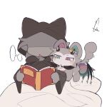 1:1 ambiguous_anthro ambiguous_gender anthro bedding black_clothing black_hood black_horn black_robe blush blush_stickers book chibi clothed clothing colored countershade_face countershade_fur countershade_torso countershading crown demon devil_connection devilun_(makemon) digital_media_(artwork) duo eyeless front_view fully_clothed fur green_eyes grey_body grey_ears grey_fur grey_tail headgear heterochromia hi_res hip_wings holding_book holding_object hooded_robe horn kemono makemon male_(lore) mammal membrane_(anatomy) membranous_wings monotone_body monotone_fur monotone_tail mostly_nude multicolored_body multicolored_fur open_mouth pillow reading reading_book red_eyes robe saddu signature simple_background speech_bubble summoner_(devil_connection) tail two_tone_body two_tone_fur under_covers unusual_wing_placement white_background white_body white_countershading white_fur wings