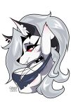 2024 absurd_res anthro artist_name bedroom_eyes black_ears black_eyelids blush blush_lines breasts canid canid_demon canine cleavage clothed clothing collar demon ear_piercing eyebrow_piercing eyelashes facial_piercing female grey_hair hair half-length_portrait hands_behind_head hellaverse hellhound helluva_boss hi_res long_eyelashes long_hair loona_(helluva_boss) mammal mythological_canine mythological_creature mythology narrowed_eyes notched_ear piercing pinup portrait pose pupils red_sclera seductive simple_background slit_pupils smile solo spiked_collar spikes teaofcolors text twitter_handle under_boob white_background white_eyes