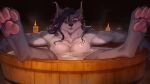16:9 anthro bath bathroom black_hair breasts candle canid canine canis claws clothed clothing digital_drawing_(artwork) digital_media_(artwork) digital_painting_(artwork) dungeons_and_furries ear_tuft fantasy female fluffy fur furlough_games grey_body grey_fur hair hi_res inside lorliz mammal muscular muscular_female mythological_canine mythological_creature mythology neck_tuft olga_(furlough_games) painting_(artwork) pawpads paws pink_inner_ear pink_paws simple_background smile smiling_at_viewer solo taking_bath topless tuft water werecanid werecanine werecreature werewolf wet wet_body widescreen wolf