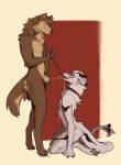 animal_genitalia animal_penis anthro bodily_fluids brown_body brown_fur canid canine canis cerffou collar dragon drinking drinking_urine duo fur genital_fluids genitals hi_res krakencalamari leash male male/male male_peeing mammal mythological_creature mythological_scalie mythology peeing penis scalie sheath urine urine_in_mouth watersports white_body wolf