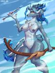 2026 3:4 abs accessory anthro arrow_(weapon) big_breasts big_tail blue_body blue_fur bow_(weapon) breasts claws clothing cloud crystal dark_nipples digital_media_(artwork) exposed_thighs fangs female fur fur_markings genitals genshin_impact hair hi_res holding_object holding_weapon huge_breasts iryna_(genshin_impact) jacket jewelry long_hair looking_at_viewer mammal markings mihoyo nipples npc nude paws ranged_weapon scarlet_side sky smile snezhnaya solo tail teeth thick_thighs topwear video_game_character voywolf_hunter vulva weapon white_body white_fur winter yellow_eyes