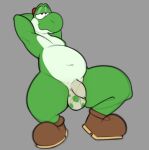 2026 anthro balls brown_clothing brown_footwear brown_shoes clothing digital_drawing_(artwork) digital_media_(artwork) english_description flaccid footwear footwear_only foreskin genitals green_body green_yoshi grey_background half-closed_eyes hands_behind_own_head humanoid_genitalia humanoid_penis lechecker male mario_bros mostly_nude narrowed_eyes navel nintendo penis shoes shoes_only simple_background slightly_chubby slightly_chubby_anthro slightly_chubby_male solo spots spotted_balls spotted_genitalia unretracted_foreskin yoshi