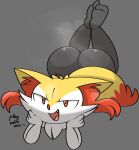 2021 aliasing ambiguous_anthro ambiguous_gender anthro binary_drawing biped bodily_fluids braixen butt canid cute_fangs digital_drawing_(artwork) digital_media_(artwork) dipstick_tail english_text fangs full-length_portrait generation_6_pokemon hand_on_head hi_res looking_at_viewer lying mammal markings nintendo on_front plantigrade pokemon pokemon_(species) portrait simple_background smile solo steam sweat tail tail_markings teeth text tongue vilepluff