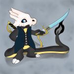 1:1 2025 black_body black_fire black_scales blue_eyes bone charmander clothed clothing colored_fire cubone fire generation_1_pokemon hi_res hybrid iddothings male melee_weapon nintendo pokemon pokemon_(species) scales skull skull_head sword topwear vest weapon yellow_body yellow_scales zgf_art