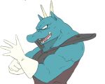 5:4 anthro armor black_armor blue_body blue_skin clothing crimenes dragon_ball gloves handwear horn male muscular muscular_anthro muscular_male sharp_teeth simple_background smile solo standing teeth white_background white_clothing white_gloves white_handwear white_horn