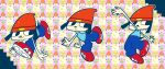 absurd_res anthro artist_name beanie black_ears black_eyes black_nose black_tail blue_bottomwear blue_clothing blue_pants blue_shirt blue_topwear bottomwear canid canine canis closed_smile clothing domestic_dog ears_down floppy_ears footwear hat headgear headwear hi_res male mammal mouth_closed orange_beanie orange_clothing orange_hat orange_headwear pants parappa parappa_the_rapper pivoted_ears pose red_clothing red_footwear red_shoes shirt shoes short_tail smile sony_corporation sony_interactive_entertainment tail tan_body text topwear watermark xochibunsai
