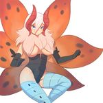  artist_request blue_eyes blue_legwear breasts covered_navel gen_5_pokemon gloves large_breasts multiple_wings personification pokemon serious simple_background solo thighhighs underboob volcarona white_background white_hair wings 