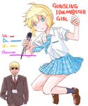  1girl aida_yuu arm_up blonde_hair blue_eyes blush bob_cut cosplay formal gunslinger_girl idolmaster jean_croce jumping microphone necktie open_mouth plaid rico_(gunslinger_girl) rough_time_school school_uniform short_hair skirt suit sunglasses 