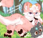 ambiguous_gender asian_mythology black_body black_fur bow_ribbon brown_eyes butt canid canine canis cheek_tuft chest_tuft chinese_mythology clothing colored curious detailed_background dialogue dragon duo east_asian_mythology epaoh fabulous_beasts facial_tuft fangs fenz_(studio) feral fur furred_dragon furred_scalie head_tuft heart_symbol hi_res hooves horn inviting kirin mammal multicolored_body multicolored_fur mythological_creature mythological_scalie mythology open_mouth paws pink_body pink_eyes pink_fur presenting rear_view round_ears scalie spanish_text teeth text tianma tongue translated tuft two_tone_body two_tone_fur undressing white_body white_fur xiaolizhi_(fabulous_beasts) zhuangzhuang_(fabulous_beasts)