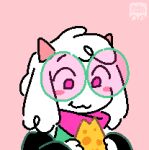 ambiguous_gender anthro arm_warmers armwear black_arm_warmers black_armwear black_clothing blush bovid caprine cheese clothing dairy_products darkner deltarune eating eating_cheese eating_food eyewear floppy_ears food fur glasses goat green_clothing green_eyewear green_glasses green_robe happy head_tuft holding_cheese holding_food holding_object horn looking_at_food looking_at_object mammal pink_background pink_eyes pink_horn pink_scarf ralsei robe scarf simple_background simple_mouth solo tinted_glasses trans_(lore) tuft undertale_(series) vertexxx watermark white_body white_fur white_hands