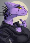 alternative_fashion anthro big_breasts black_body black_clothing black_hoodie black_scales black_topwear breasts chameleon claws cleavage clothed clothing collar digital_media_(artwork) ear_piercing ear_ring female grin halftwit hi_res hoodie jewelry lizard looking_away metal piercing punk purple_body purple_scales reptile ring_piercing scales scalie shirt simple_background smile solo spikes spines studded_collar studs topwear yellow_eyes