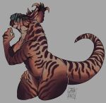 anthro breasts brown_body brown_scales centrosaurine ceratopsian ceratopsid cryptid_jhin dinosaur female green_eyes hi_res marginocephalian markings multicolored_body multicolored_scales ornithischian pachyrhinosaurus prehistoric_species reptile scales scalie solo striped_body striped_markings stripes thick_thighs two_tone_body two_tone_scales wide_hips