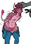 2026 anthro athletic begging biped blue_clothing blush bodily_fluids body_hair bovid bovine cattle cervinesymphony clothed clothing colored comic comic_panel digital_media_(artwork) ear_piercing ear_tag femboy hair hair_grab hair_over_eyes head_grab horn hybrid kode_(cervinesymphony) long_tongue male mammal musk nipples offscreen_character overalls overalls_only partially_clothed piercing pink_body pink_hair pink_spots pleading_eyes pubes red_hair short_hair slim slim_male solo spots standing sweat tongue tongue_out touching_hair undressing