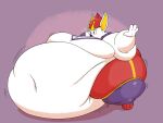 4:3 4_fingers 4_toes anthro belly belly_on_ground big_belly big_moobs black_emanata bodily_fluids bottomwear breasts cheek_tuft cinderace cleavage clothed clothing colored deep_navel digital_drawing_(artwork) digital_media_(artwork) facial_tuft fat_arms feet fingers flying_sweatdrops fur fur_tuft generation_8_pokemon hair hi_res huge_belly huge_thighs inkykitsune lagomorph male male_anthro mammal moobs morbidly_obese morbidly_obese_anthro morbidly_obese_male navel nintendo obese obese_anthro obese_male overweight overweight_anthro overweight_male pants pokemon pokemon_(species) pupils purple_background red_bottomwear red_clothing red_eyes red_hair red_pants shaded signature simple_background solo sweat sweatdrop tas_(tascinderace) thick_thighs toes tuft white_body white_ears white_emanata white_fur white_tuft yellow_inner_ear
