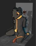 4:5 absurd_res animal_genitalia animal_penis anthro aversapaws balls being_watched belly black_body black_fur black_nose blush canid canine canine_genitalia casualties:_unknown caught caught_in_the_act collar dark digital_media_(artwork) door embarrassed erection expie_(gunsawian) floor fox full-length_portrait fur genitals gunsawian half-erect hi_res hybrid inside kneeling leash looking_at_another male male_anthro mammal murid murine nude pawpads paws penis portrait rodent shaded shadow sheath simple_background solo tile wall_(structure) yellow_collar yellow_eyes yellow_penis