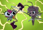 4_arms antennae_(anatomy) anthro arthropod best_bugs_forever black_boots black_clothing black_footwear boots clothing crossover disney duo fangs female fighting_pose flaminhotcheatoes fly_(animal) footwear hair insect insect_wings maggie_pesky mo_skeeter mosquito multi_arm multi_limb pink_hair pose purple_body purple_hair purple_skin salmonbug shoes teeth the_buzz_on_maggie white_boots white_clothing white_footwear wings