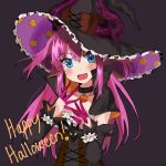  1girl :d bangs black_background black_choker black_dress blue_eyes choker commentary detached_sleeves dress elizabeth_bathory_(fate) elizabeth_bathory_(fate)_(all) english english_commentary eyebrows_visible_through_hair fang fate/grand_order fate_(series) halloween_costume happy_halloween hat highres horns horns_through_headwear long_hair long_sleeves looking_at_viewer mochii open_mouth pink_hair smile solo two_side_up upper_body 