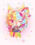 accessory big_ears big_tail bottomwear canid canine chibi clothing crop_top feral fox hair hi_res legwear mammal pattern_clothing pattern_legwear rumeru shirt skirt solo standing stockings striped_clothing striped_legwear stripes tail topwear yusya_(loonvah)