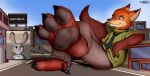 accessory anthro canid canine city clothed clothed_anthro clothed_female clothing disney duo european_rabbit extreme_size_difference feet female foot_fetish foot_focus fox fox_tail fur green_eyes grey_body grey_fur icarozilla judy_hopps lagomorph leporid macro macro_male male mammal necktie nick_wilde orange_body orange_fur oryctolagus pawpads paws pointy_ears purple_eyes rabbit rabbit_ears recli reclining red_fox size_difference true_fox zootopia