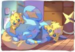 2026 4_eyes ambiguous_gender arachnid arthropod blue_body blue_eyes blue_fur blush blush_lines eyes_closed feral fur generation_4_pokemon generation_5_pokemon group hi_res joltik lying male multi_eye nintendo on_front open_mouth parasite paws pokemon pokemon_(species) seta629211 shinx sleeping tail trio