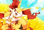 2020 ambiguous_anthro ambiguous_gender anthro biped braixen canid cute_fangs detailed_background digital_media_(artwork) digitigrade dipstick_tail duo dutch_angle evolutionary_family fangs fennekin flower flower_field front_view generation_6_pokemon hi_res holding_another ktyon3 looking_at_viewer mammal markings nintendo object_in_tail one_eye_closed outline outside plant pokemon pokemon_(species) quadruped smile standing stick stick_in_tail tail tail_markings teeth tongue wink winking_at_viewer