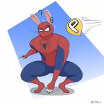 1:1 2026 5_fingers absurd_res anthro balloon biped clothed clothed_anthro clothed_male clothing colored_nails cosplay crouching digital_media_(artwork) ear_piercing fingerless_gloves fingers front_view fur gloves handwear hi_res inflatable inflation lagomorph leporid male mammal mario_bros marvel mask nails nintendo ottorb piercing power_balloon rabbit simple_background skinsuit solo spandex spider-man_(series) spider_sense superhero superhero_costume tight_clothing tiptoes venus_(ottorb) whiskers white_body white_fur