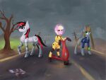 2020 4:3 alternate_universe black_hair blackjack_(fallout_equestria) blonde_hair clothed clothing cutie_mark detailed_background equid equine fallout_equestria female feral foe:_pink_eyes foe:_project_horizons green_eyes grey_body group hair hasbro hazmat_suit hi_res horn littlepip mammal my_little_pony mythological_creature mythological_equine mythology outside pink_body pink_eyes pupils puppysmiles_(fallout_equestria) quadruped red_eyes red_hair road scooter smile space_helmet stravy_vox tail trio unicorn