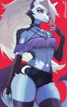 abraxax12 anthro armwear athletic bottomwear breasts canid canid_demon canine clothed clothing collar crescent_moon crop_top demon ear_piercing elbow_gloves eyebrow_piercing facial_piercing female gloves hair handwear hellaverse hellhound helluva_boss hi_res hotpants legwear long_hair long_tail looking_at_viewer loona_(helluva_boss) mammal midriff moon multicolored_body mythological_canine mythological_creature mythology navel off_shoulder piercing portrait raised_arm red_background red_sclera shirt shorts simple_background small_breasts smile smiling_at_viewer stockings tail thick_thighs thigh_highs three-quarter_portrait topwear white_eyes white_hair wide_hips