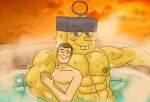 absurd_res anon anthro aquatic binkykun blue_eyes buckteeth clothing headgear headgear_only headwear headwear_only hi_res hot_tub human human_on_anthro interspecies male male/male mammal mostly_nude muscular nickelodeon partially_submerged romantic romantic_couple sea_sponge spongebob_squarepants spongebob_squarepants_(character) teeth
