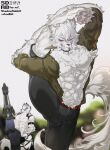 anthro balancing_on_foot canid canine canis clothed clothing duo fur fur_tuft male mammal mihoyo open_clothing open_shirt open_topwear paws shadbit shirt topwear tuft von_lycaon white_body white_fur wolf zenless_zone_zero