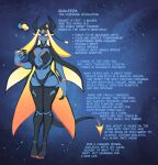 2022 absurd_res big_breasts blue_body bracelet breasts claws colored english_text female gradient_body hi_res horn humanoid jewelry khaleeza looking_at_viewer markings model_sheet multi_horn orange_body ordealcomic pointed_tail signature solo text unknown_species yellow_eyes