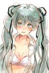  aqua_eyes aqua_hair blush bra breasts cleavage hatsune_miku lingerie long_hair medium_breasts open_clothes open_shirt shirt solo tears twintails underwear vocaloid yunomachi 