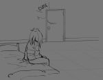 ambiguous_gender bed bottomwear clothing deltarune detailed_background door floor furniture hair human human_only kris_dreemurr lightner mammal monochrome not_furry on_bed pants sitting sitting_on_bed sketch solo strawberristorm topwear undertale_(series) wall_(structure)