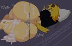 after_anal after_sex anal_orgasm anthro bed big_butt black_clothing black_shirt black_topwear blonde_hair bodily_fluids bottom_heavy brown_ears brown_nose bubble_butt butt canid canine canis clothing cum cum_drip cum_explosion cum_fart cum_from_ass cum_gushing cum_in_ass cum_inside cum_spurt curvy_figure domestic_dog dripping ejaculation electronics ephemeralscourg excessive_cum excessive_genital_fluids eyewear fart femboy floppy_ears folded_ears freckled_butt freckled_face freckles fur furniture geek genital_fluids glasses glasses_off hair hands-free head_on_pillow holding_object holding_phone huge_butt huge_thighs long_hair looking_at_object looking_at_phone lying male mammal noisy_anal on_bed on_side onomatopoeia orgasm pear-shaped_figure phone pillow relaxing shirt solo sound_effects tail text thick_thighs thong topwear uncontrollable_orgasm uncontrolled_orgasm underwear voluptuous voluptuous_anthro voluptuous_male white_clothing white_thong white_underwear wide_hipped_anthro wide_hipped_male wide_hips yellow_body yellow_fur