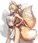  animal_ears apron bare_shoulders blonde_hair breasts fox_ears fox_tail izuna_(shinrabanshou) large_breasts long_hair monster_girl multiple_tails naked_apron okiyasusi pink_eyes scroll shinrabanshou sideboob smile solo tail 