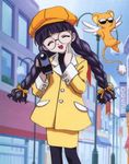  ^_^ bangs camcorder camera card_captor_sakura child daidouji_tomoyo disguise glasses hand_on_cheek kero kero-chan lamppost long_hair looking_at_viewer official_art open_mouth outdoors pencil_skirt skirt street sunglasses twin_braids 