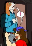 2023 animal_genitalia animal_penis anthro backwards_baseball_cap backwards_hat balls baseball_cap beagle belt blue_baseball_cap blue_dress_shirt blush bottomwear brown_body brown_eyes brown_fur buckteeth canid canine canine_genitalia canine_penis canis caught_in_the_act cheek_bulge closet closet_sex clothing colored dated domestic_dog door duo exclamation_point fur genitals green_eyes grey_bottomwear grey_clothing grey_pants hair hat headgear headwear hi_res hunting_dog in_closet inside knot knotted_penis lagomorph leporid looking_back male male/male mammal open_door oral orange_body orange_fur pants penis penis_in_mouth rabbit red_clothing red_shirt red_topwear scent_hound shirt speech_bubble supply_closet surprised teeth text topwear url white_body white_fur whitecolt_productions