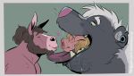 anthro asinus black_body black_fur blonde_hair blue_eyes blush bodily_fluids brown_hair digital_media_(artwork) domestic_pig donkey dramamine_(artist) equid equine fur group hair hi_res imminent_vore kissing male male/male mammal mephitid open_mouth oral_vore pig_nose pink_body red_body saliva simple_background size_difference skunk smile suid suine sus_(pig) swallowing teeth tongue tongue_out trio vore white_body white_fur white_hair