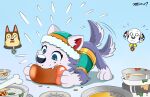 black_nose blue_eyes canid canine canis chase_(paw_patrol) clothing dalmatian domestic_dog eating eating_food everest_(paw_patrol) fangs female feral food fur german_shepherd group ham herding_dog hi_res husky knit_hat male mammal marshall_(paw_patrol) meat nordic_sled_dog pastoral_dog paw_patrol pink_inner_ear pointy_ears pork prick_ears purple_body purple_fur siberian_husky spitz tail tail_motion tailwag teal_clothing teal_topwear teal_vest teeth topwear trc001 trio vest white_body white_fur white_paws