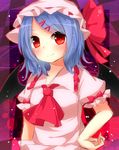  ascot bat_wings blue_hair checkered checkered_background hair_ornament hairpin hand_on_hip hat red_eyes remilia_scarlet short_hair smile solo touhou upper_body wings yuria_(kittyluv) 